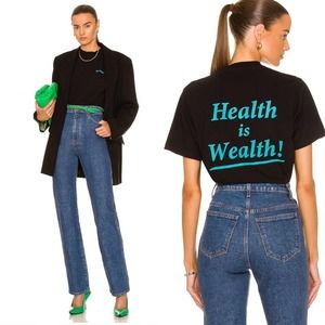 SPORTY & RICH Health is Wealth Tee Shirt Crew Black Teal Short Sleeve XS NEW